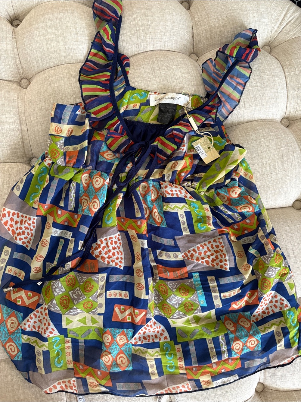 Colorful Geometric Print Ruffle Tank Top - Blue/Multi